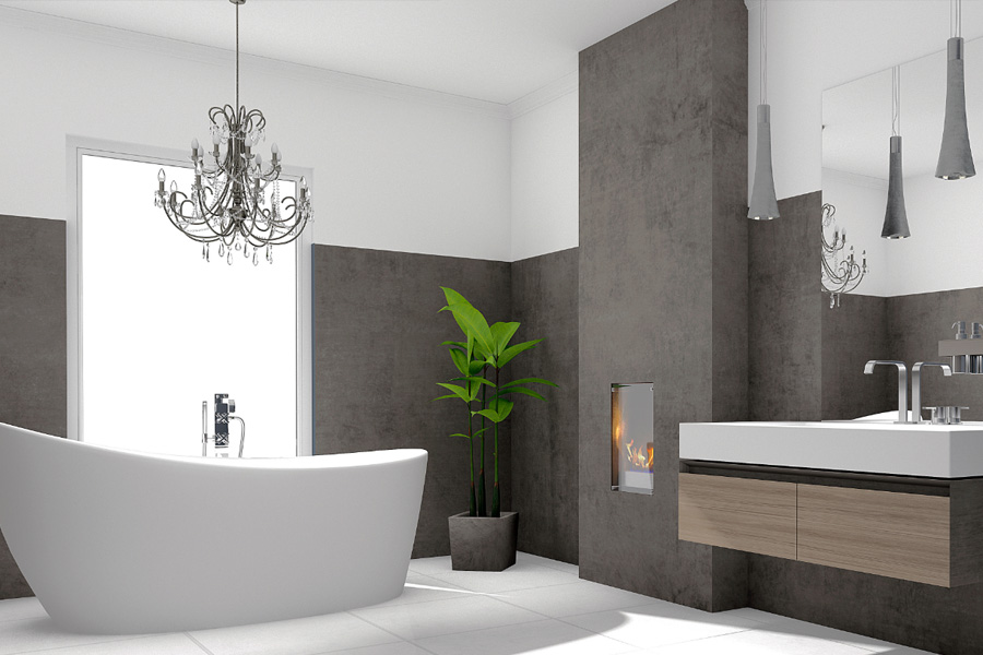 Komplettbad graue Wände mit freistehender Badewanne und Kronleuchter darüber